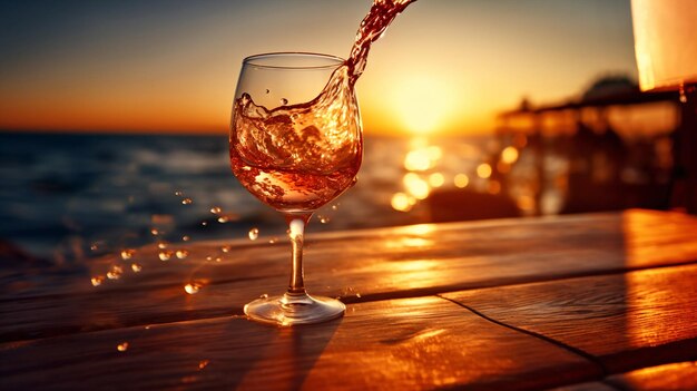 bicchiere di vino spruzzo di vino in bicchiere su candela di legno davanti al tramonto spiaggia e mare