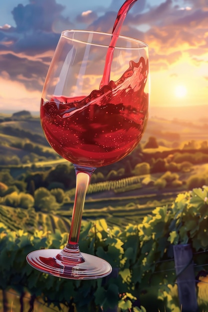 bicchiere di vino sullo sfondo dei vigneti IA generativa