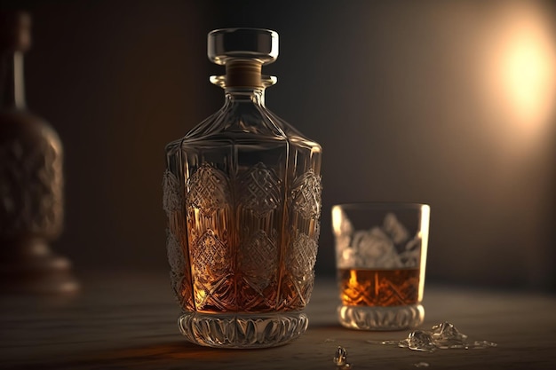 Bicchiere di whisky brandy Bottiglia di whisky con ghiaccio Bicchiere di scotch e ghiaccio si trova sopra un barile di whisky rustico cocktail vecchio stile bourbon classico e barili di amaro