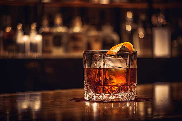 Bicchiere di whisky con cubetti di ghiaccio e fetta d'arancia sul bancone del bar cocktail vecchio stile