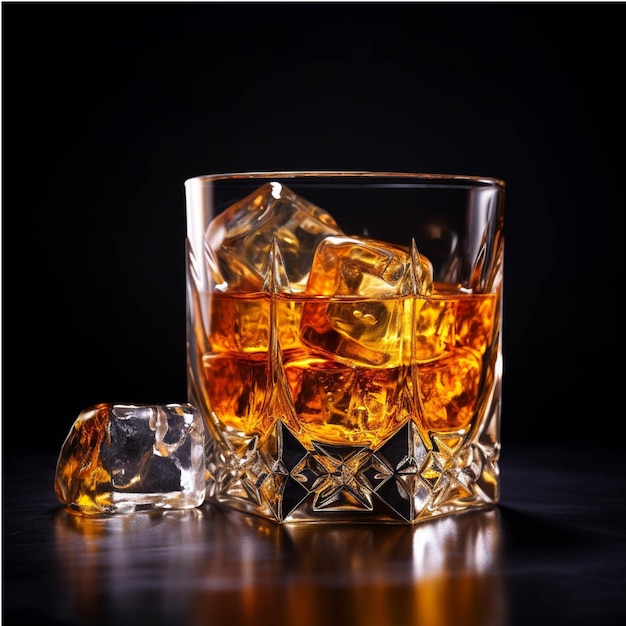 Bicchiere di whisky con cubetti di ghiaccio su sfondo nero Copia spazio