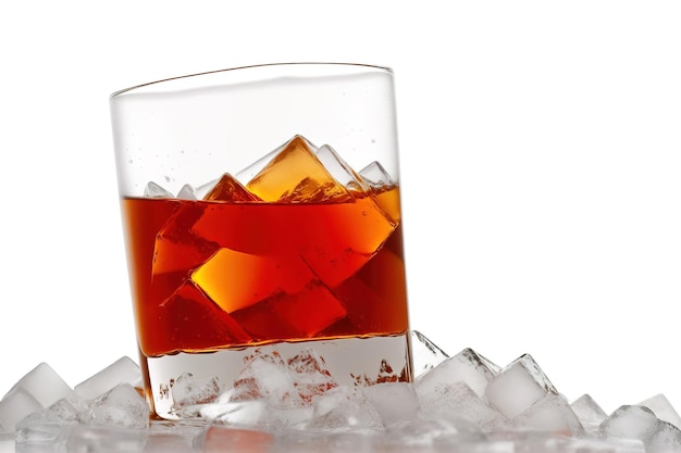 Bicchiere di whisky con ghiaccio su cubetti di ghiaccio su sfondo bianco IA generativa
