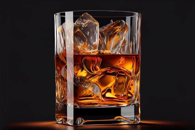 Bicchiere di whisky con ghiaccio su sfondo scuro IA generativa