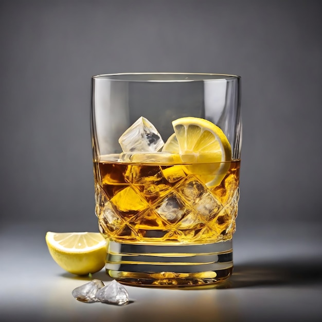 bicchiere di whisky con limone e ghiaccio vista laterale