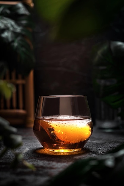 Bicchiere di whisky e ghiaccio in un luogo caldo tropicale scuro