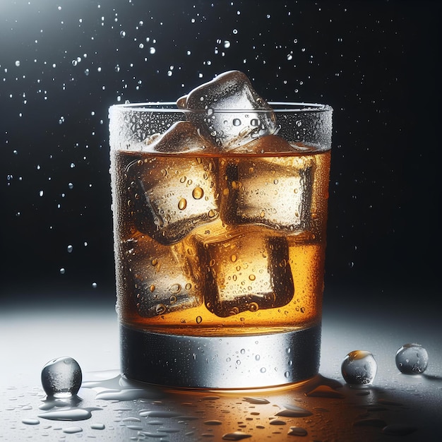 bicchiere di whisky freddo con spruzzi e grandi gocce di condensazione su di loro su uno sfondo bianco