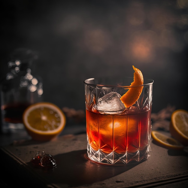 Bicchiere di whisky scozzese e ghiaccio IA generativa