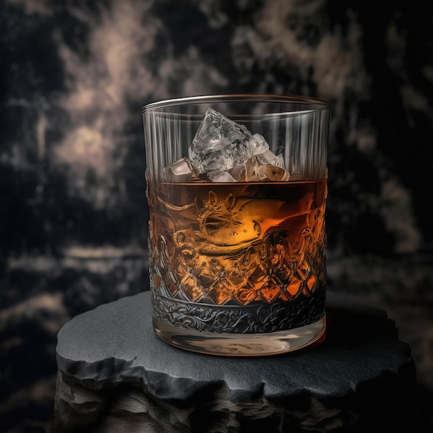 Bicchiere di whisky scozzese e ghiaccio IA generativa