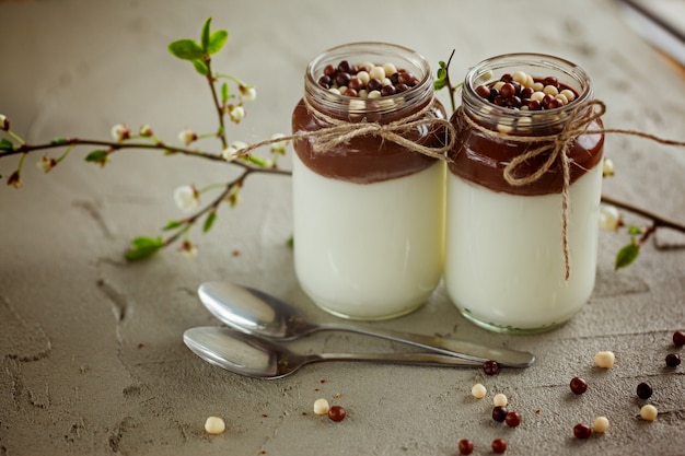 Bicchiere di yogurt fatto in casa con mousse al cioccolato e gocce di cioccolato bianco e marrone.