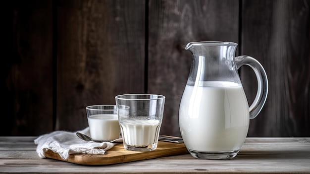 Bicchiere e brocca di latte IA generativa