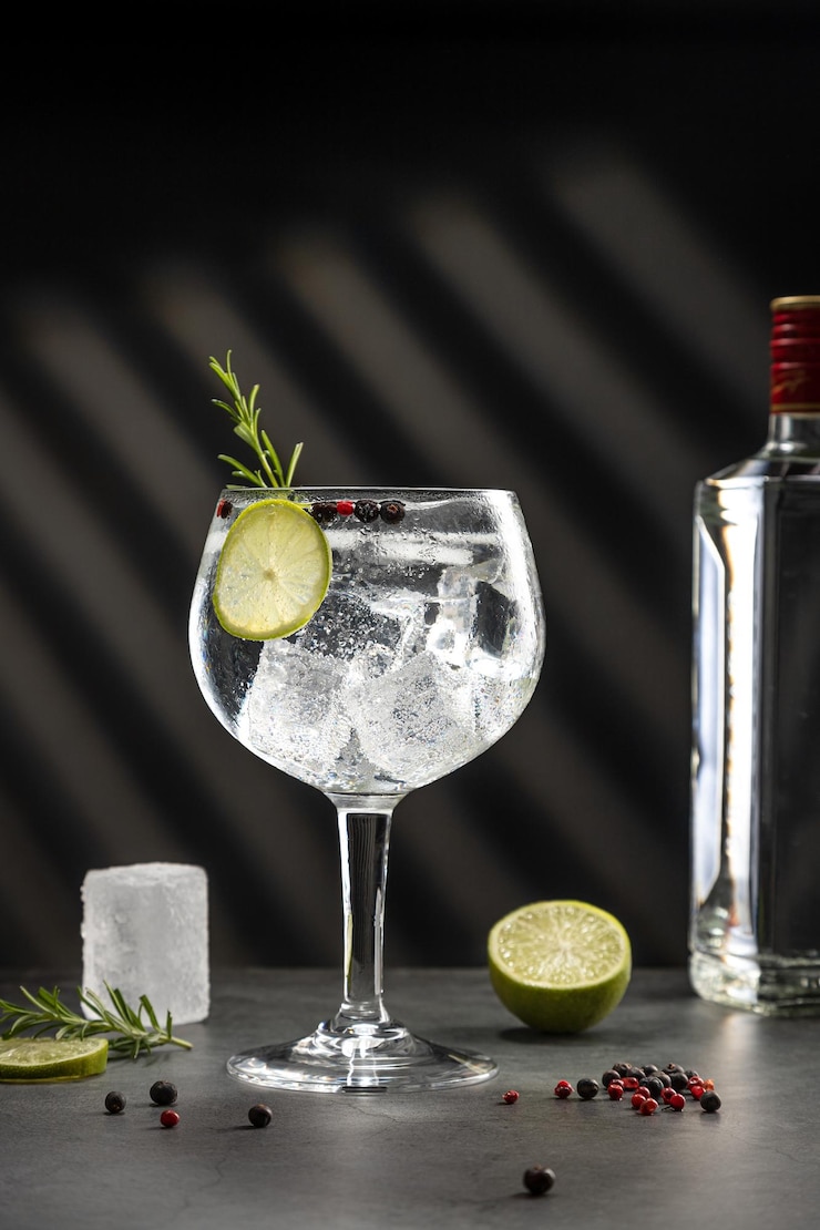 Bicchiere freddo di gin tonic con ghiaccio e ombre dure su sfondo grigio scuro con spazio per la copia Formato verticale