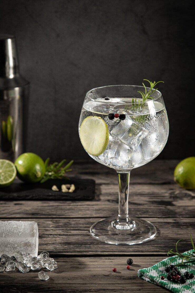 Bicchiere freddo di gin tonic con ghiaccio su fondo rustico scuro con spazio per la copia Formato verticale