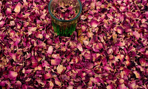 Bicchiere vuoto su sfondo di petalo di rosa secco