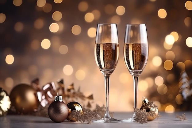 Bicchieri con champagne e palle di Natale dorate contro le luci natalizie Sfondo di Capodanno Due bicchieri di champagne su un tavolo davanti a luci scintillanti blured Celebrazione di Capodanno AI generativa