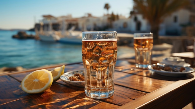 bicchieri con diversi tipi di birra artigianale su un bar di legno sulla spiaggia