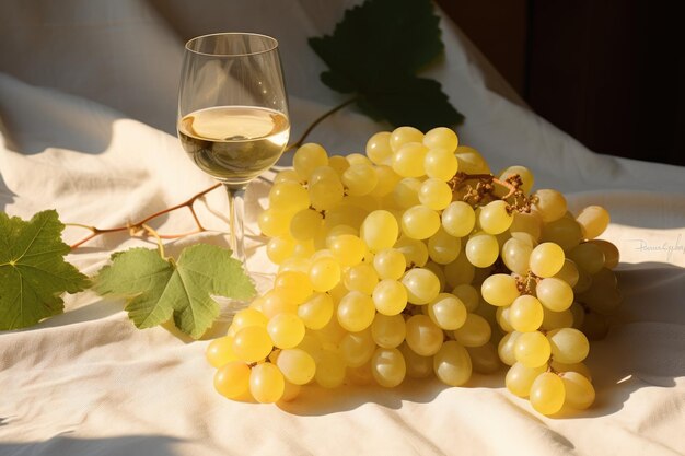 bicchieri d'uva e vino seduti sul tavolo con luce naturale