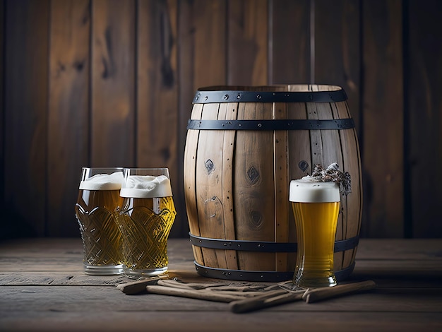 Bicchieri da birra con botte di birra sul tavolo su legno dell'Oktoberfest generativo AI