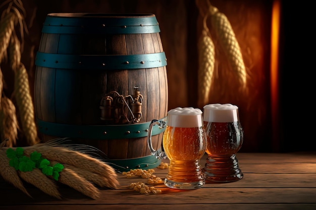 Bicchieri da birra con grano e luppolo su tavola di legno Barile di birra Oktoberfest