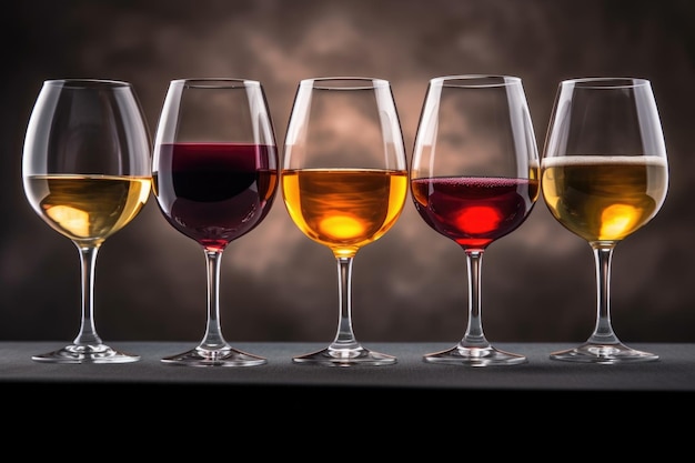 Bicchieri da vino con diversi tipi di vino in fila creati con l'IA generativa
