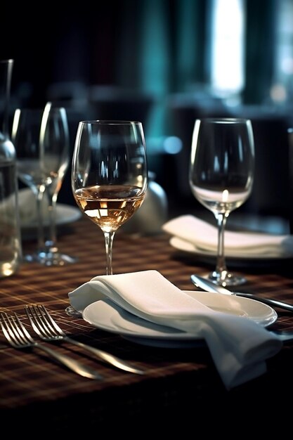 Bicchieri da vino in primo piano Le sedie e il tavolo per gli ospiti serviti con posate un'intelligenza artificiale generativa