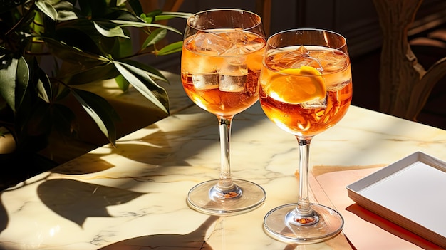 Bicchieri di aperol spitz sul tavolo rinfrescanti cocktail e bevande nella calura estiva Creato da AI