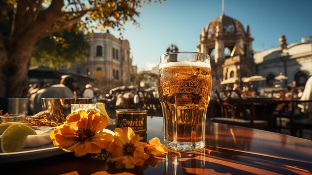 Bicchieri di birra chiara e scura su uno sfondo di pub