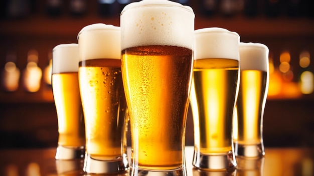 bicchieri di birra fredda con schiuma di birra premium originale bevanda alcolica sapore e idea di celebrazione delle vacanze