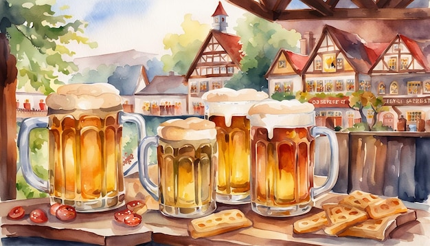 bicchieri di birra sopra il tavolo sull'illustrazione dell'acquerello dell'octoberfest