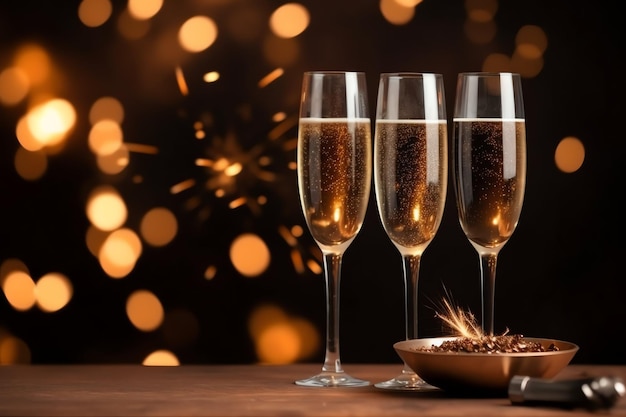 bicchieri di champagne bere vino con fuochi d'artificio o luci bokeh sullo sfondo della celebrazione della notte di Capodanno