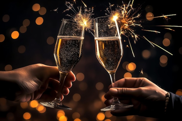 bicchieri di champagne bere vino con fuochi d'artificio o luci bokeh sullo sfondo della celebrazione della notte di Capodanno