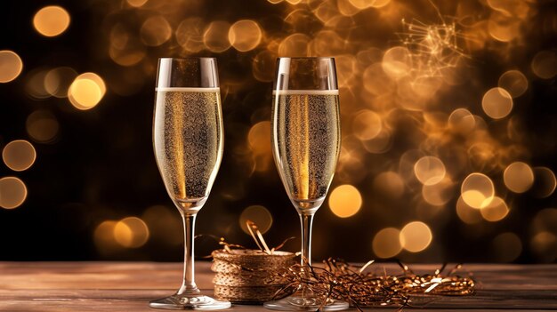 bicchieri di champagne bere vino con fuochi d'artificio o luci bokeh sullo sfondo della celebrazione della notte di Capodanno