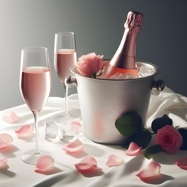 bicchieri di champagne con caramelle dolci e fiori su uno sfondo scuro