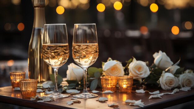 bicchieri di champagne con fiori e candele su un tavolo