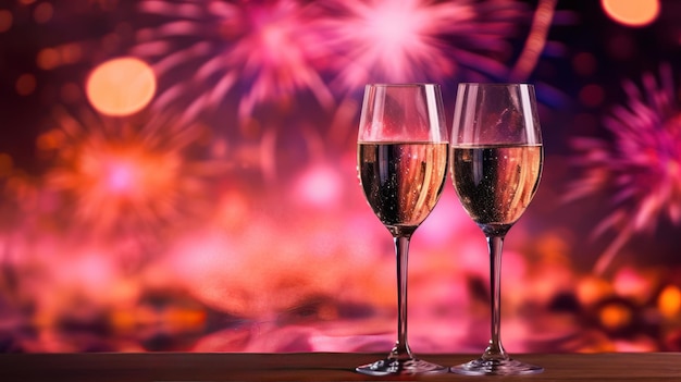 bicchieri di champagne con fuochi d'artificio sullo sfondo rosso chiaro del bokeh