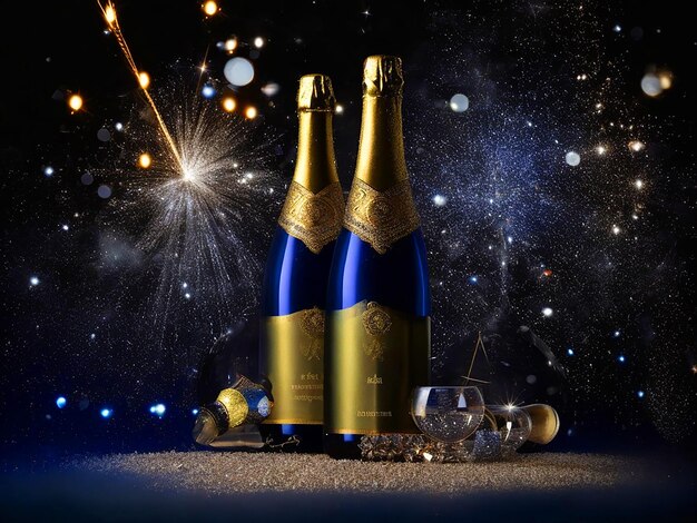 Bicchieri di champagne con fuochi d'artificio sullo sfondo