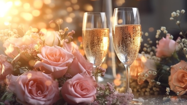Bicchieri di champagne con rose su un tavolo con un mazzo di rose
