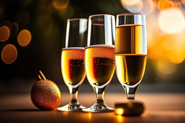 bicchieri di champagne con un ornamento natalizio in alto.
