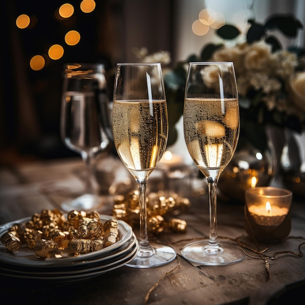 Bicchieri di champagne frizzante in un festoso allestimento di Capodanno