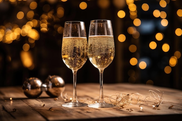 Bicchieri di champagne frizzante in un festoso allestimento di Capodanno