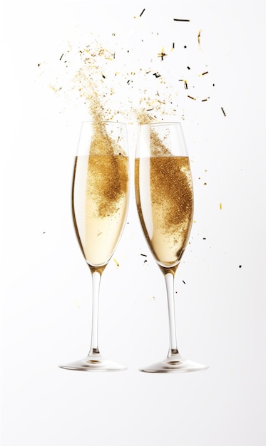 bicchieri di champagne su sfondo bianco con effetto bokeh e spazio di copia