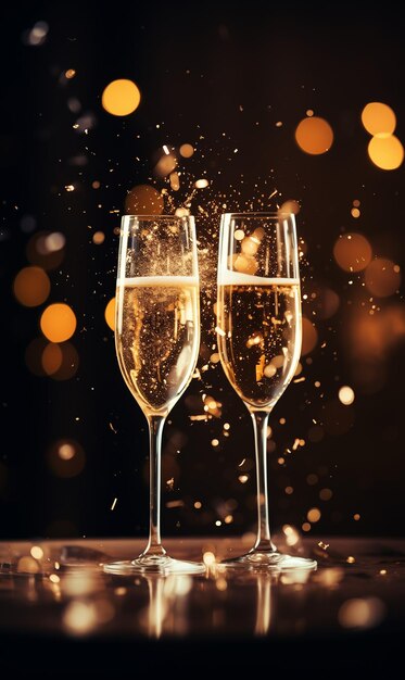 bicchieri di champagne su sfondo scuro con effetto bokeh e spazio di copia