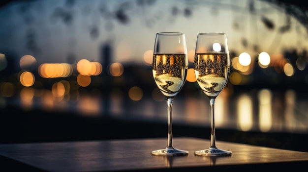 bicchieri di champagne sul tavolo atmosfera romantica sfocata notte sfondo della città ai generato