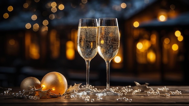 bicchieri di champagne sullo sfondo di strade decorate per la cartolina di Natale o le congratulazioni