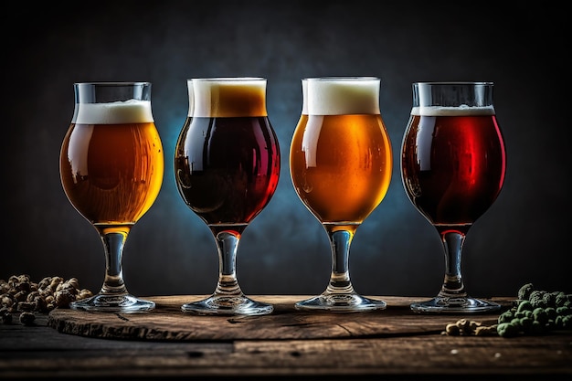 Bicchieri di diversi tipi di birra alla spina in un pub AI generativa