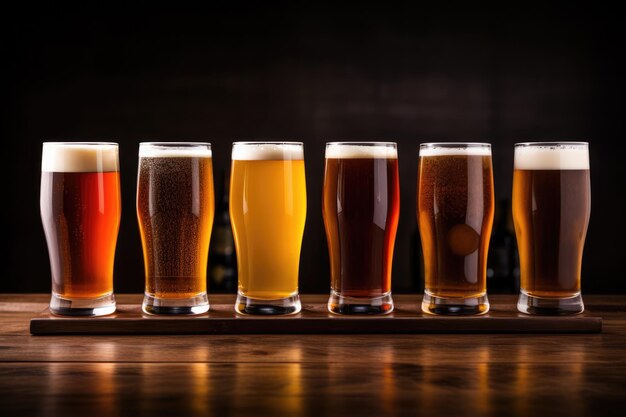 bicchieri di diversi tipi di birra in fila