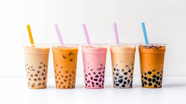 Bicchieri di Ice Bubble o Boba Milk Tea con cannucce su sfondo bianco Tradizione taiwanese IA generativa