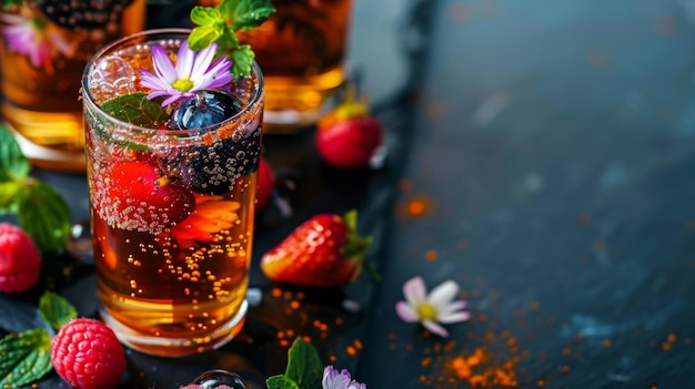 bicchieri di kombucha con fiori e bacche commestibili su ardesia