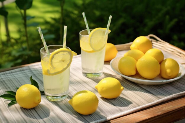 bicchieri di limonata con cannucce e cuneo di limone su un tavolo da picnic creato con AI generativa