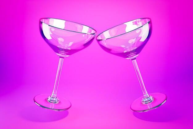 Bicchieri di martini di vetro dell'illustrazione 3D su una superficie rosa.