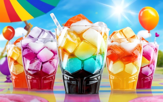 bicchieri di plastica con bevande dolci con cubetti di ghiaccio